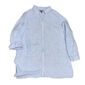 Tahari Linen Button Down Tunic XL Light Blue Roll-Tab Sleeve Lagenlook Coastal